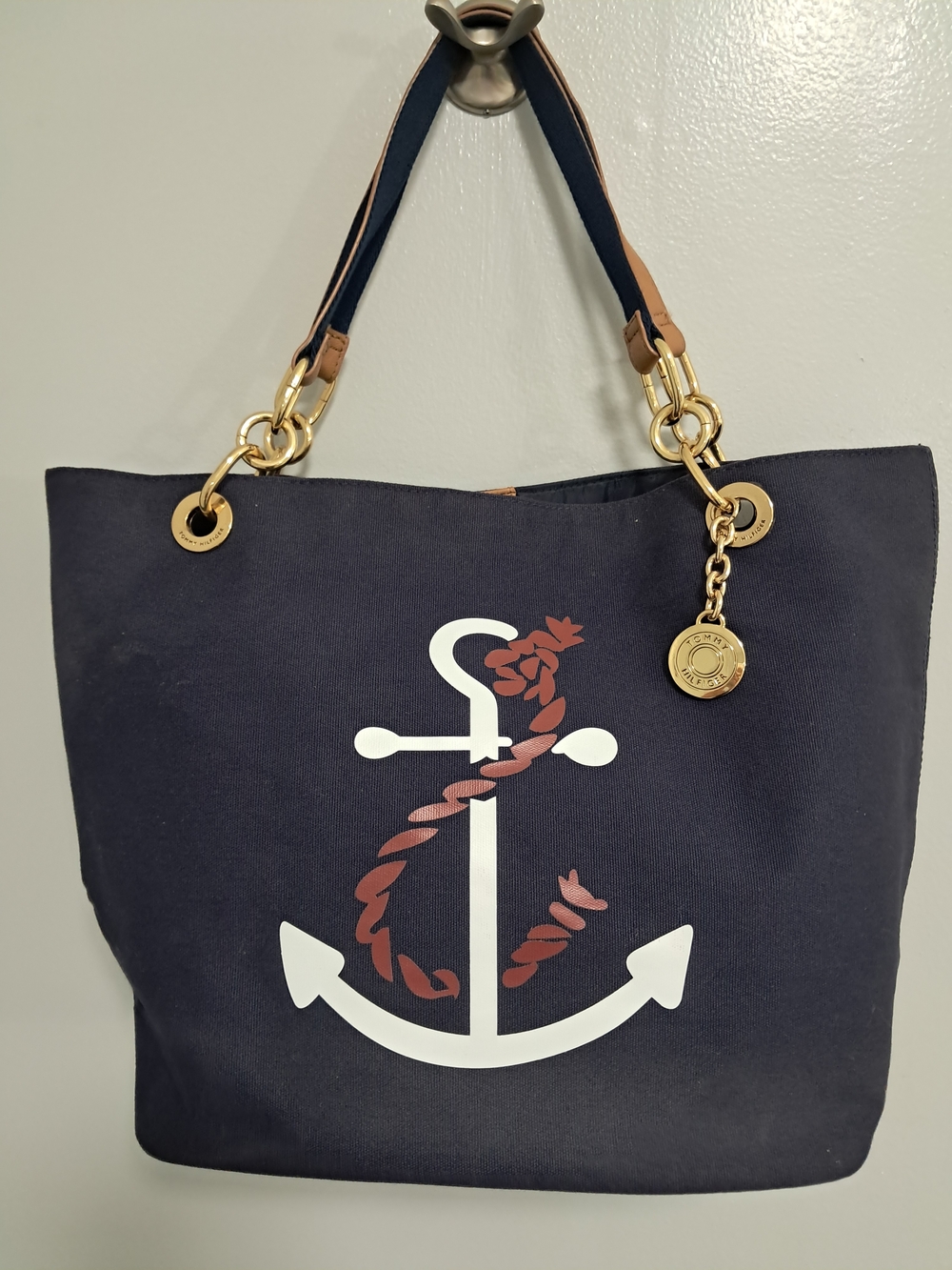 Tommy Hilfiger Navy Tote with White Anchor and Red Accent NEW Nautical Beachy